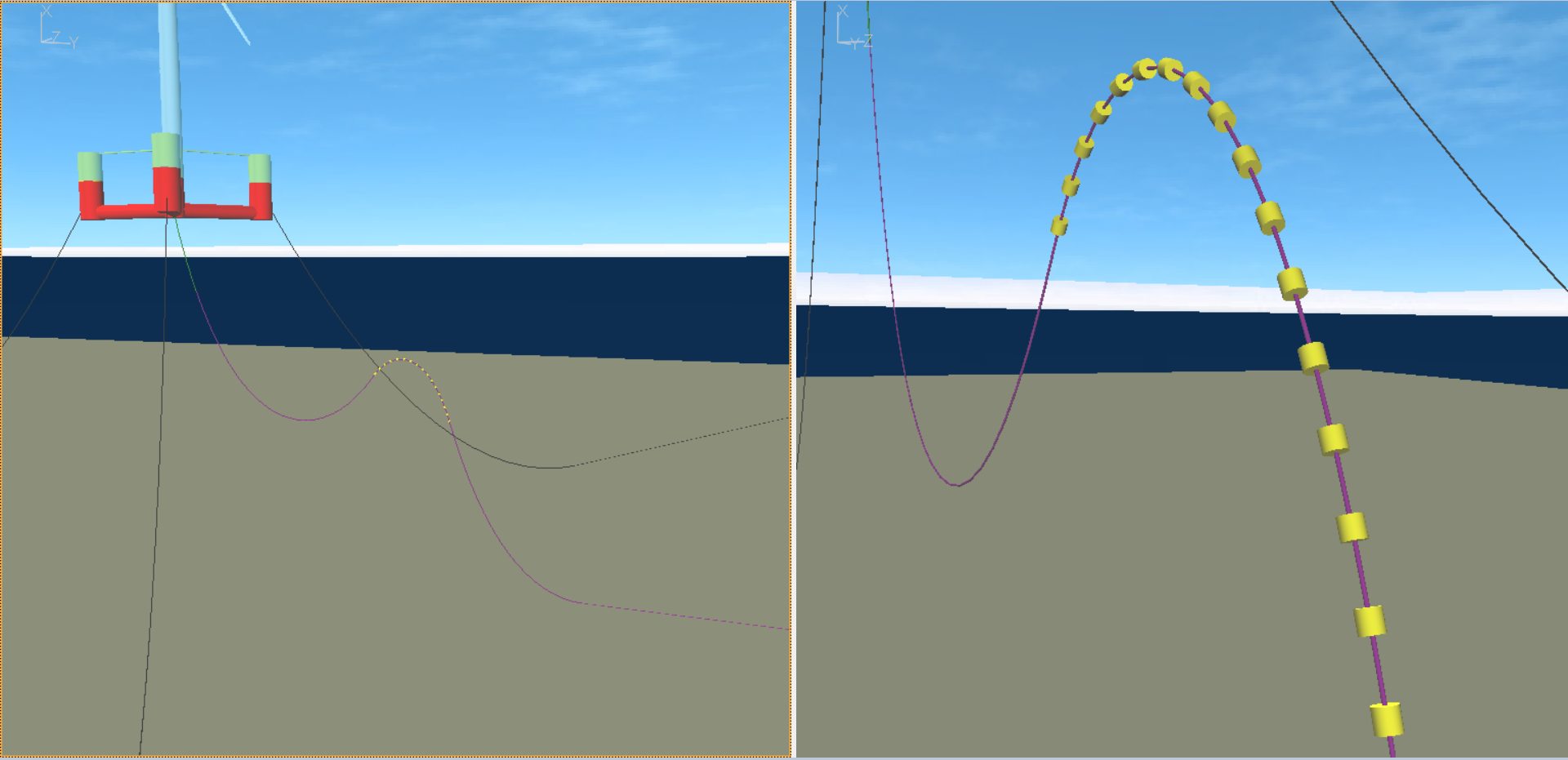 Full model including platform, tower, turbine, mooring lines & subsea power cable